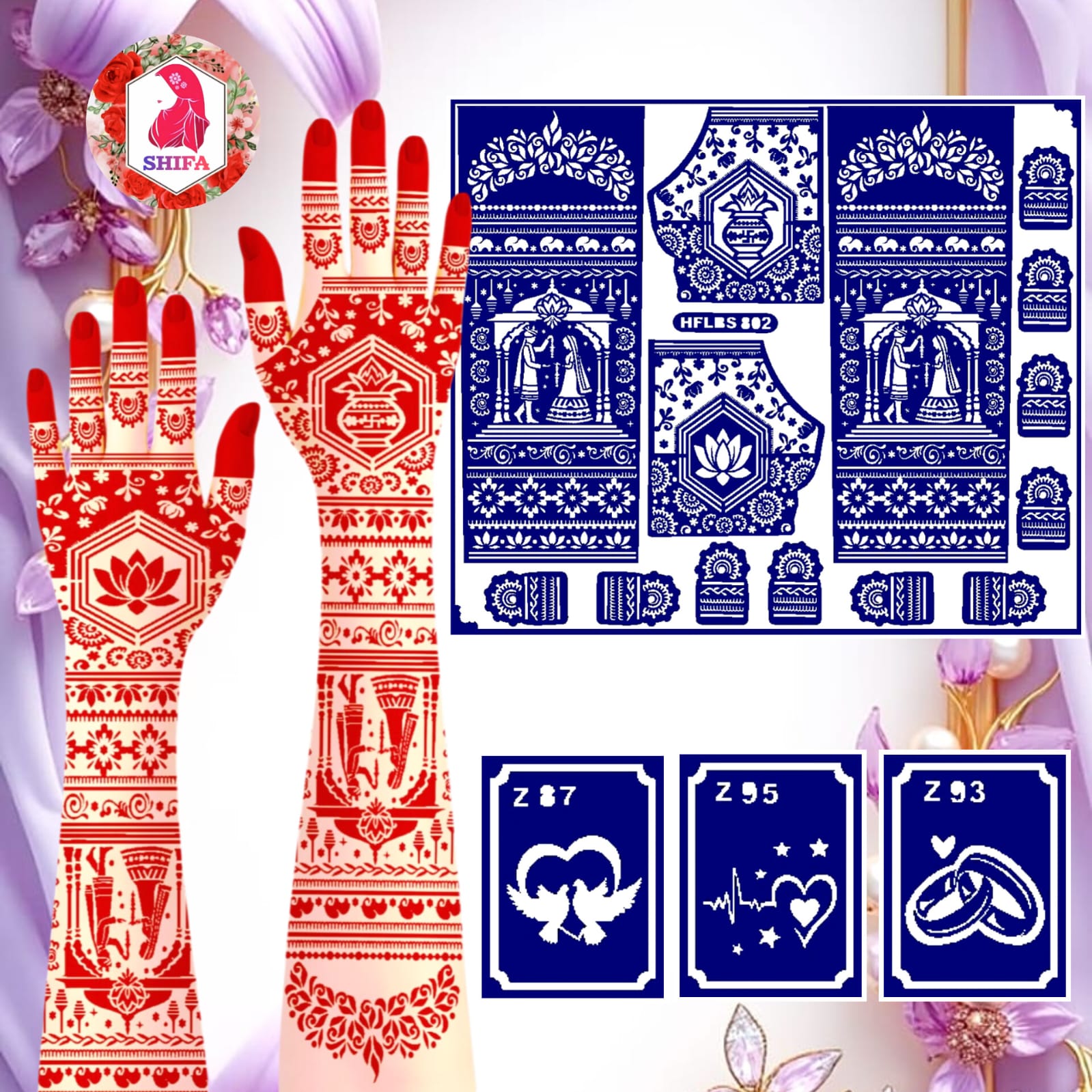HFLBS 802 Divine Lotus Wedding Set (3z) Sticker Overview Henna Stencil - Shifa Stencil
